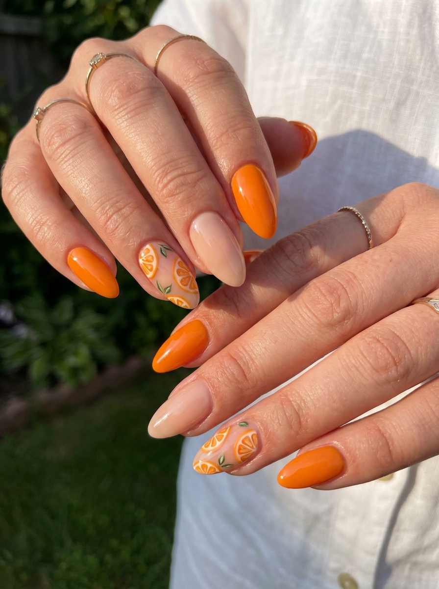 Orange Slice Nails mit warmen Orangetönen und Citrus Details